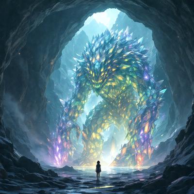 The primary subject of the image is a large, colorful, and monstrous creature, possibly a dragon or a similar creature, standing in a cave. The setting is a dark, cavernous environment, with the creature being the main focus of the scene. The visual style of the image is digital art, as it appears to be a computer-generated or digitally rendered creature. The colors and mood of the image are dark and mysterious, with the creature's vibrant colors contrasting against the darker background